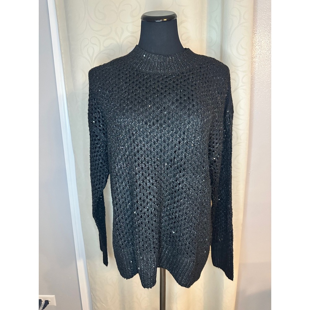 Jessica Simpson Black Sequin Open Knit Mock Neck Sweater Women's Size -Medium - Picture 4 of 7